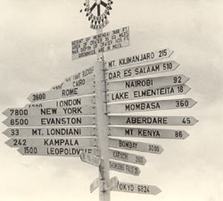 a milage sign in kenya showing how far away various cities are